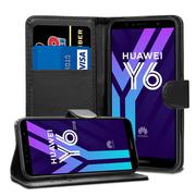 Black Advanced Leather Wallet Case Cover Pouch for Huawei Y6 2018