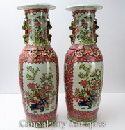 Pair Chinese Porcelain Vases - Famille Rose Ceramic Urns